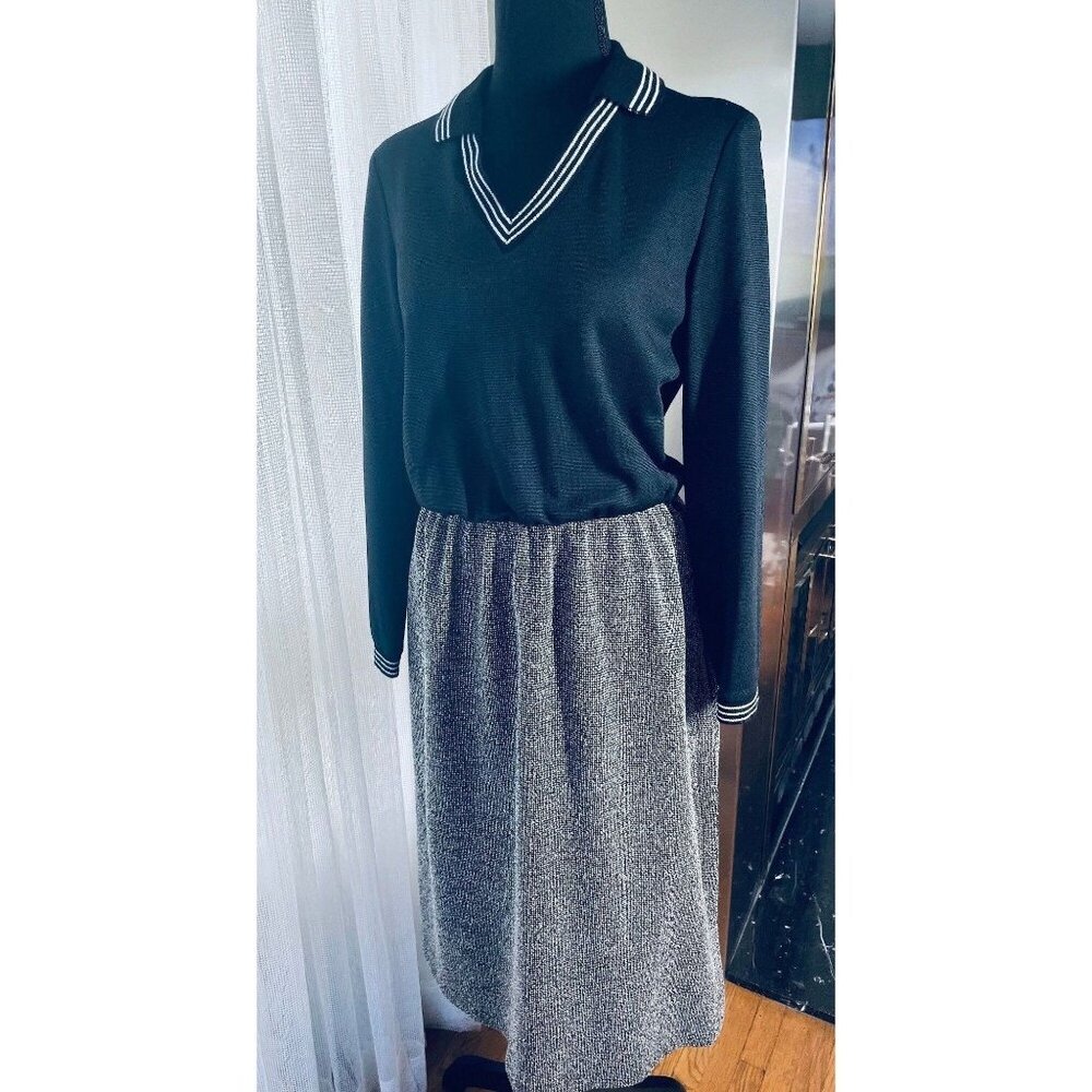 Vintage1970  dress, black top, grey skirt, long sleeves shirtdress, 2/4 (S)